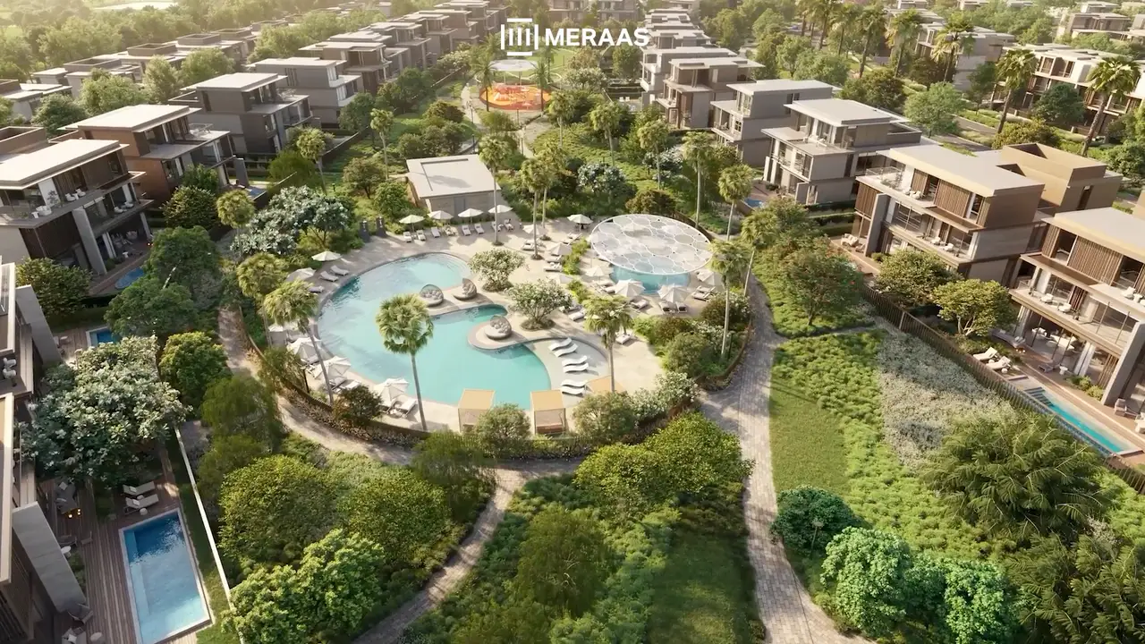 Aerial view of Nad Al Sheba Gardens: villas around the events lawn and tennis courts