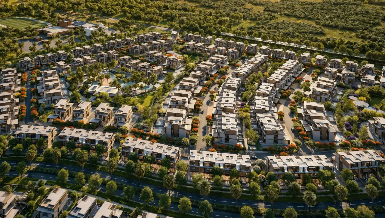 Aerial view of the Nad Al Sheba Gardens community at golden hour: homes, landscaped streets, pools and parkland