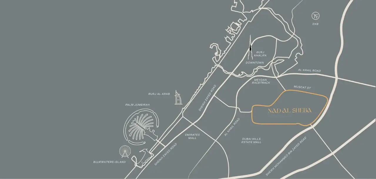 Location map: Nad Al Sheba beside Meydan Racetrack, with Downtown Dubai, Dubai Hills Estate Mall and DXB nearby