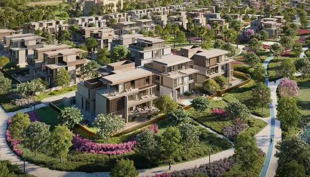 Aerial view of standalone villas beside a park and the cycling track