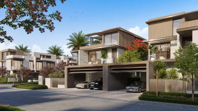 Villa street with covered parking and landscaped verges